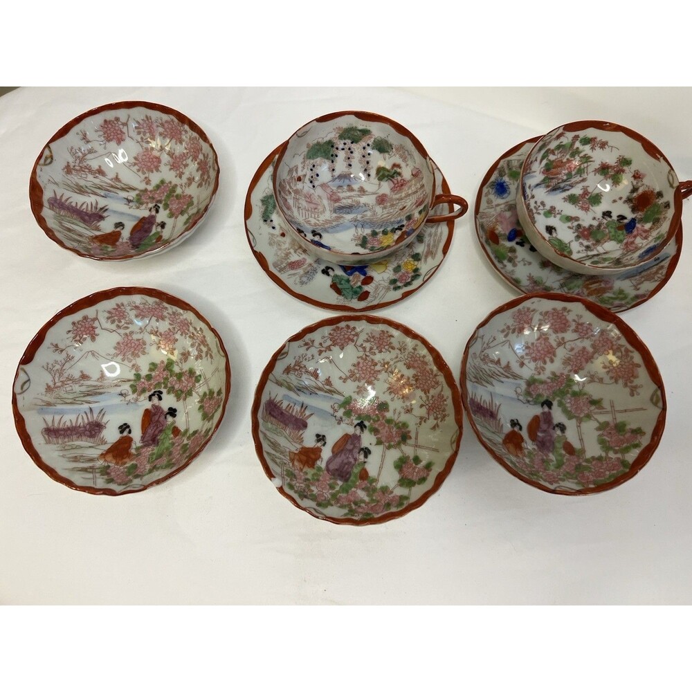 Antique Japanese Kutani Style Porcelain Tea Set Geisha Cups Bowls Lot 10